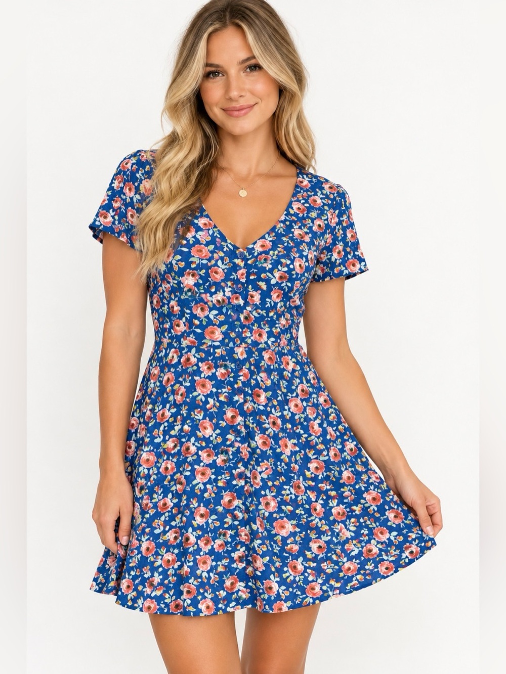 188 Band of Gypsies Blue Floral Mini Dress M Lace Up Back Button Front